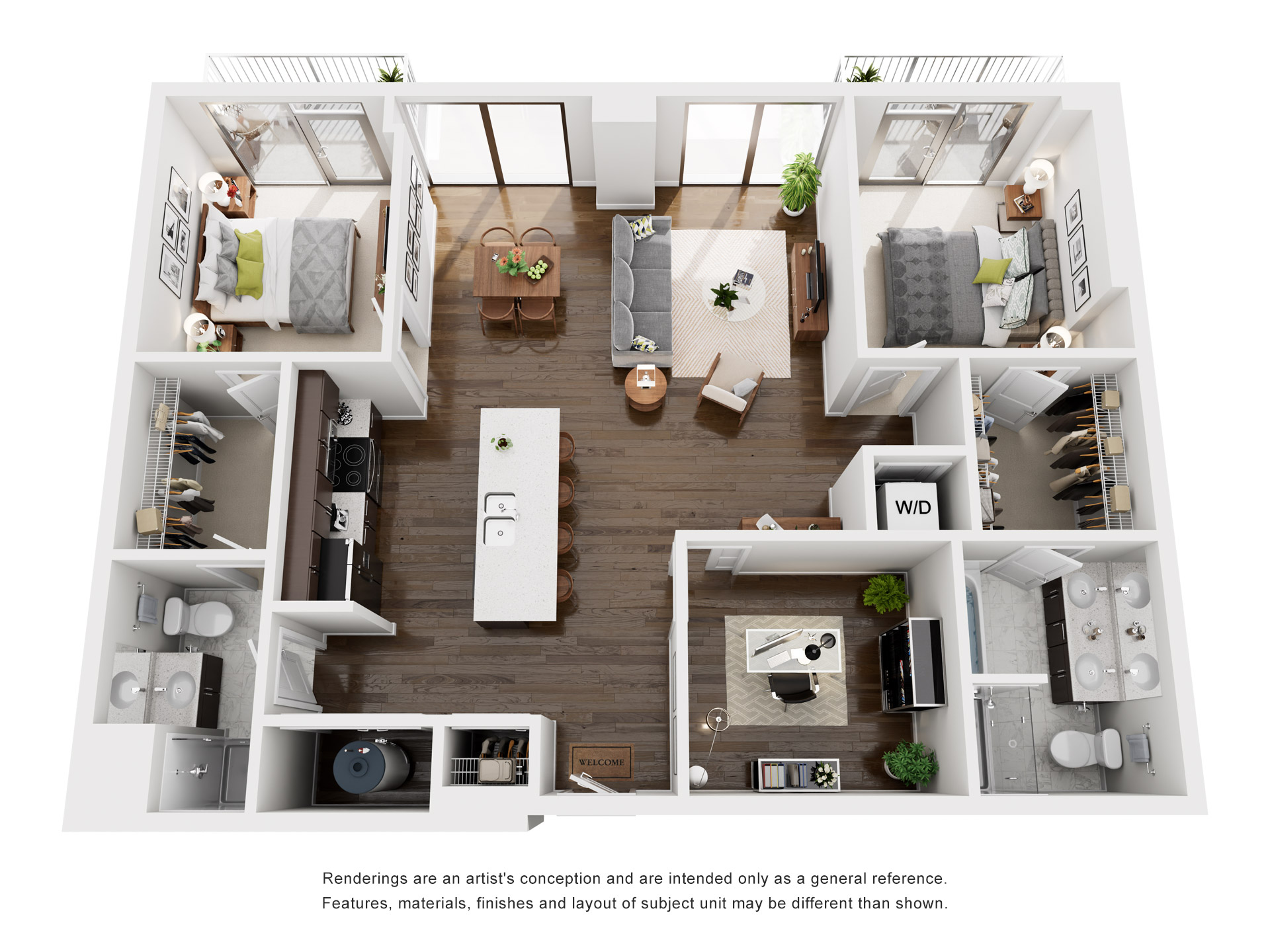 Floor plan for 2 beds, 2 baths, 1336 sqft
